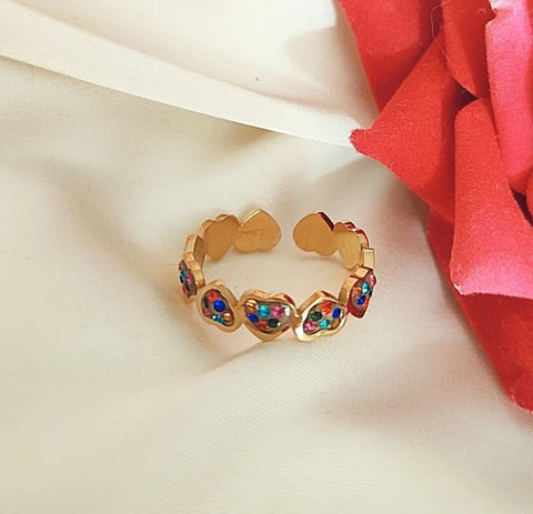 Bague ajustable en acier inoxydable coeurs et strass multicolores