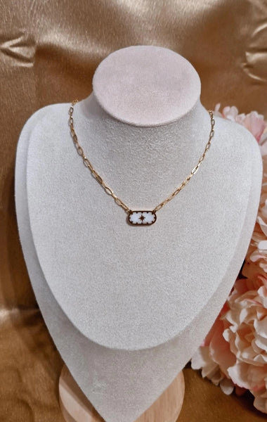 Collier en acier inoxydable pendentif blanc nacré rectangle