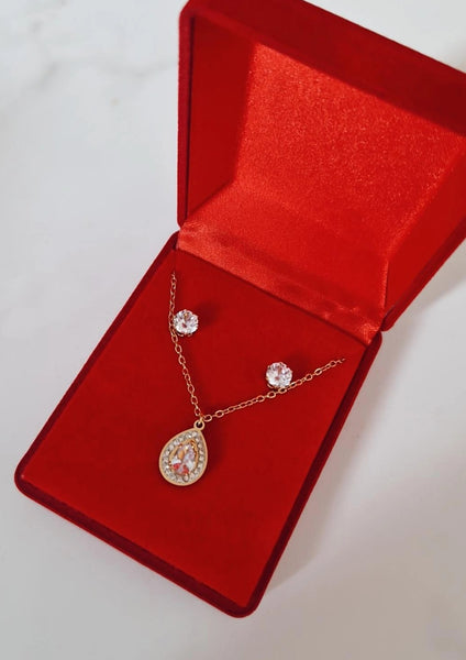 Coffret collier en acier inoxydable goutte et strass avec boucles d'oreilles