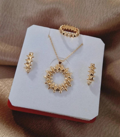 Ensemble Collier + boucles d'oreilles + bague assortis cercles pics