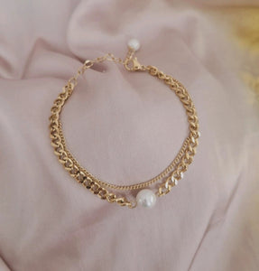 Bracelet en acier inoxydable double chaines avec perle nacrée