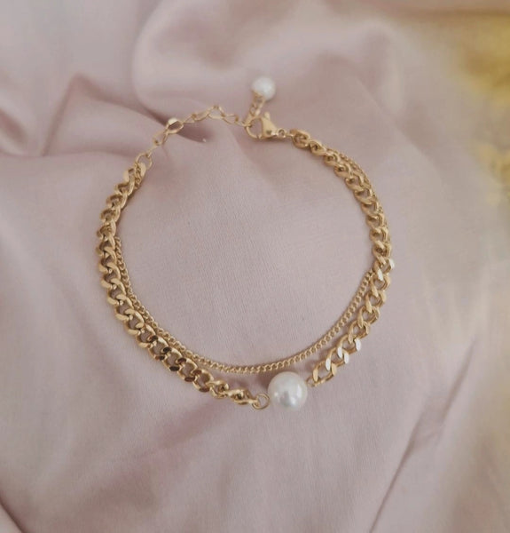 Bracelet en acier inoxydable double chaines avec perle nacrée
