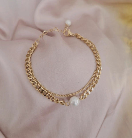 Bracelet en acier inoxydable double chaines avec perle nacrée