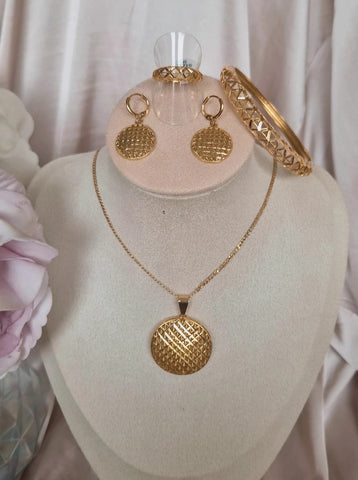 Ensemble Collier + jonc + bague + boucles d'oreilles assorties en acier inoxydable rond ajouré