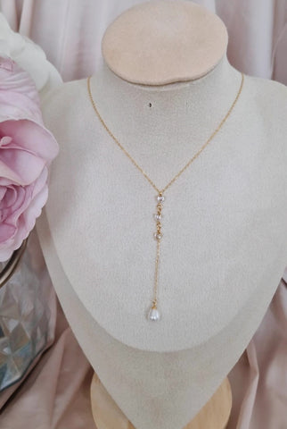 Collier en Y en acier inoxydable multi pierres coeur et pendant perles nacrée