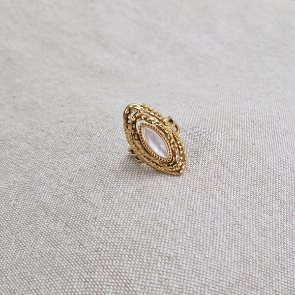 Bague ajustable en acier inoxydable bohème longue pierre blanche nacrée
