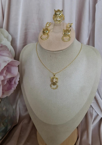 Ensemble Beldi Collier + boucles d'oreilles + bague assortis Jaguar et yeux verts