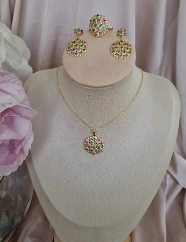 Ensemble 3 pièces collier + bague + boucles d'oreilles assorties multi pierres
