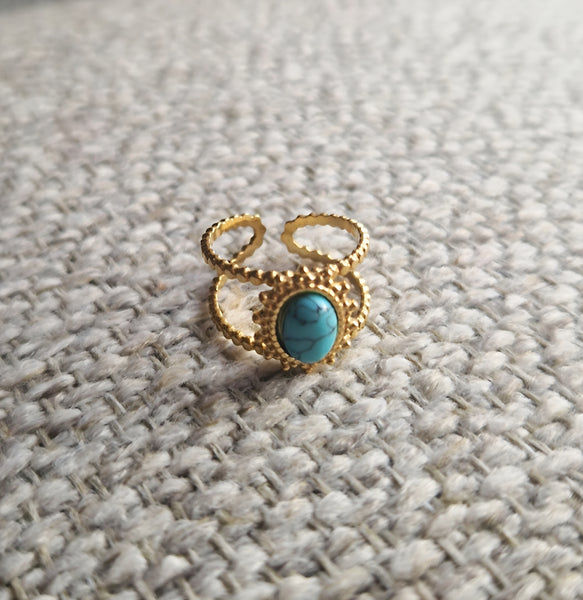 Bague ajustable en acier inoxydable double lignes avec pierre verte effet marbrée