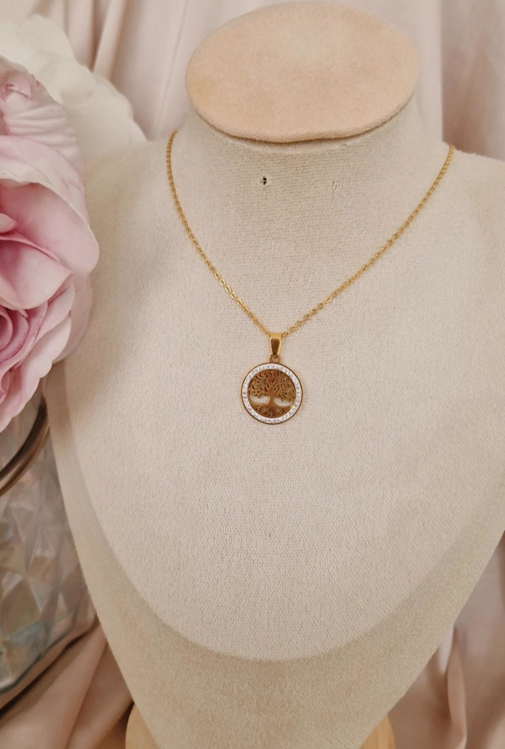 Collier en acier inoxydable arbre de vie et strass