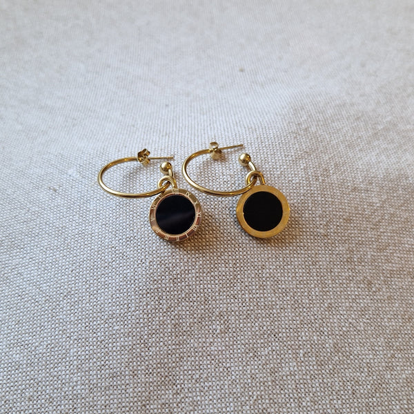 Boucles d'oreille en acier inoxydable pendantes et horloge romaine noire