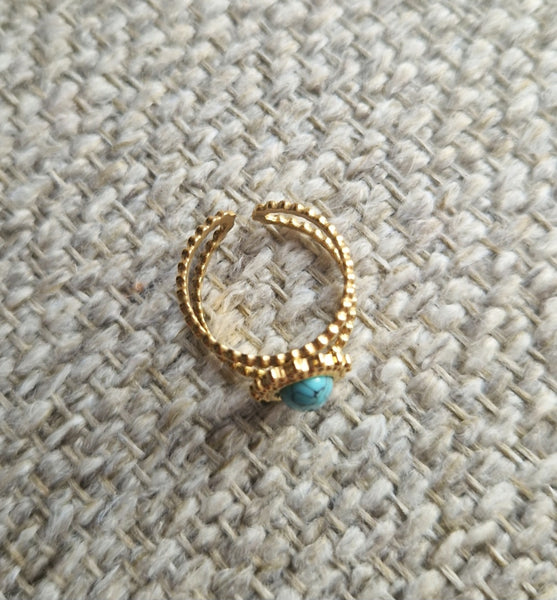 Bague ajustable en acier inoxydable double lignes avec pierre verte effet marbrée