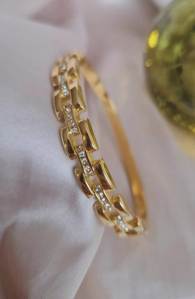 Bracelet jonc en acier inoxydable effet maille et strass