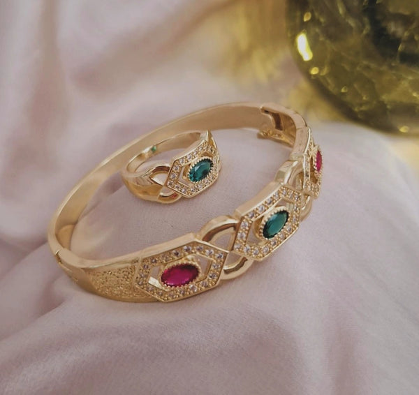 Ensemble Bracelet jonc et bague pierres rouge et verte