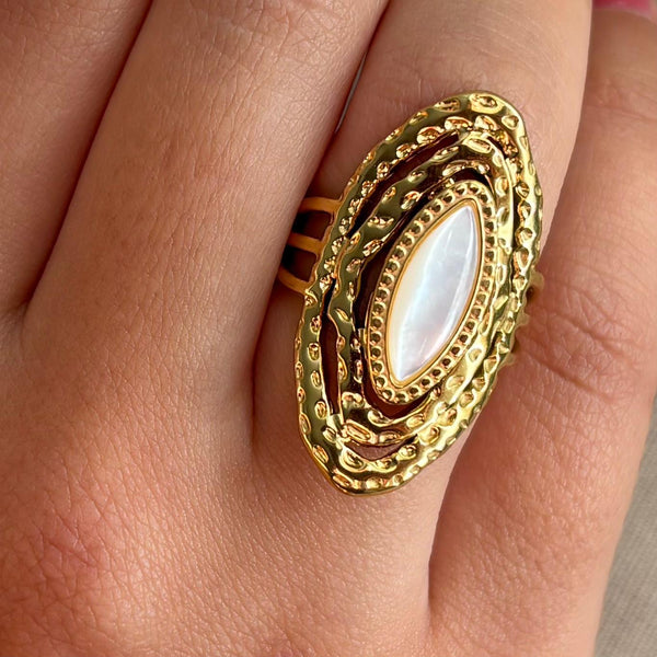 Bague ajustable en acier inoxydable bohème longue pierre blanche nacrée