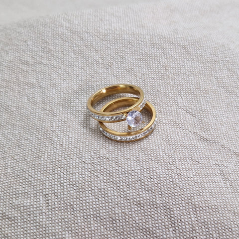 Bague 2 pièces en acier inoxydable strass et solitaire