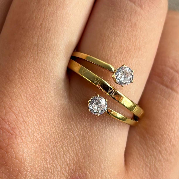 Bague en acier inoxydable double lignes et 2 cristaux
