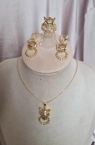 Ensemble Beldi Collier + boucles d'oreilles + bague assortis Jaguar et yeux verts