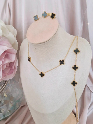 Ensemble Collier + bracelet fin + bague + boucles d'oreilles assorties en acier inoxydable noir