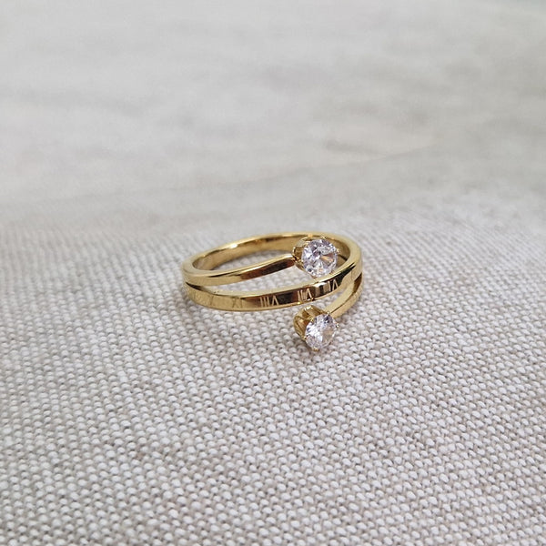 Bague en acier inoxydable double lignes et 2 cristaux
