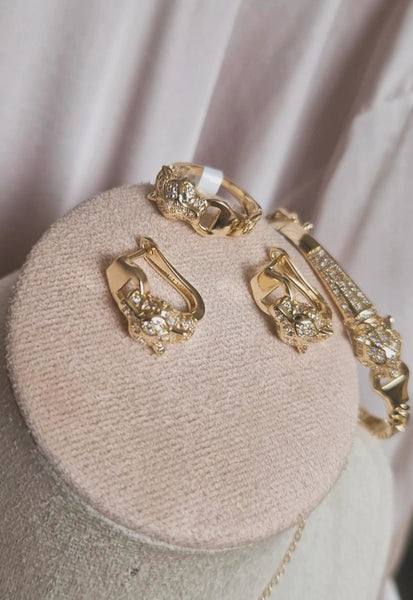 Ensemble Jaguar Collier + bracelet jonc + boucles d'oreilles + bague assortis