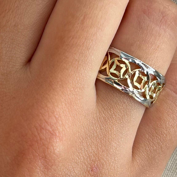 Bague en acier inoxydable ajourée argent et doré
