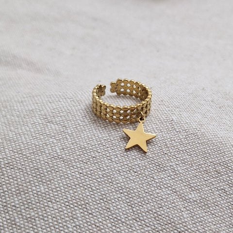 Bague ajustable en acier inoxydable mailles et breloque étoile