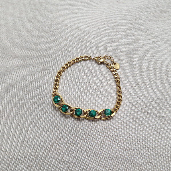 Bracelet en acier inoxydable grosse maille multi pierres vertes