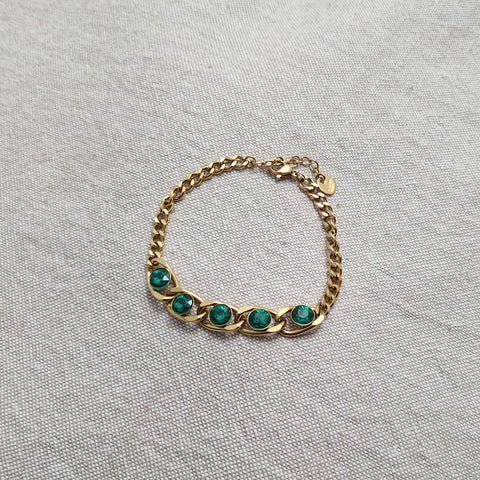 Bracelet en acier inoxydable grosse maille multi pierres vertes