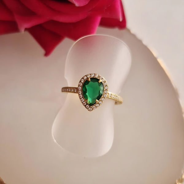 Bague ajustable en acier inoxydable pierre verte solitaire et strass