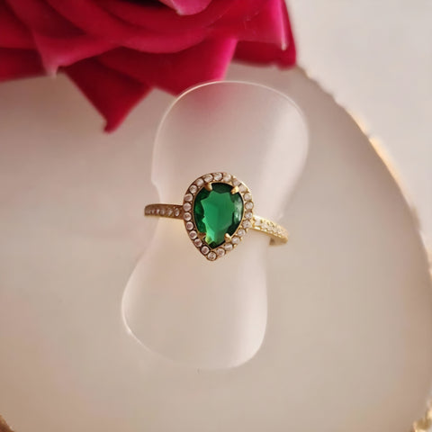Bague ajustable en acier inoxydable pierre verte solitaire et strass