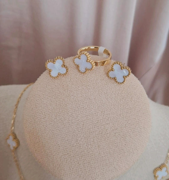 Ensemble Collier + bracelet fin + bague + boucles d'oreilles assorties en acier inoxydable blanc