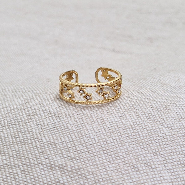 Bague ajustable en acier inoxydable étoiles et strass