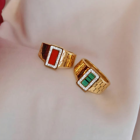 Bague en acier inoxydable style mosaïque et carre de strass pierre colorée