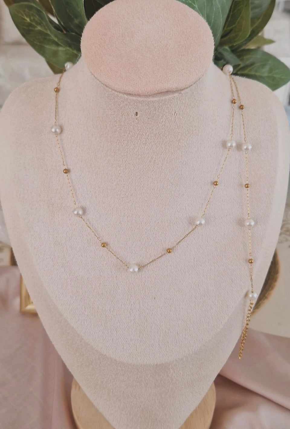 Ensemble Collier et Bracelet en acier inoxydable chaines et perles blanches nacrées