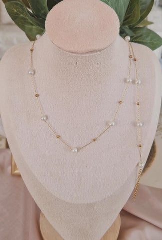 Ensemble Collier et Bracelet en acier inoxydable chaines et perles blanches nacrées
