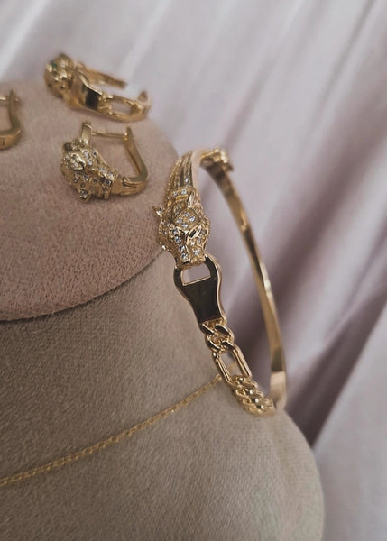 Ensemble Jaguar Collier + bracelet jonc + boucles d'oreilles + bague assortis