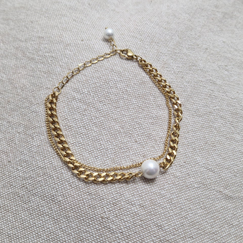 Bracelet en acier inoxydable double chaines avec perle nacrée