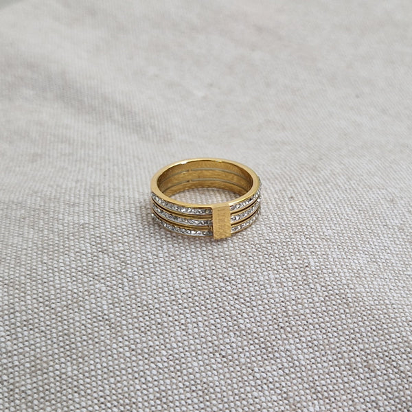 Bague en acier inoxydable triple lignes et strass