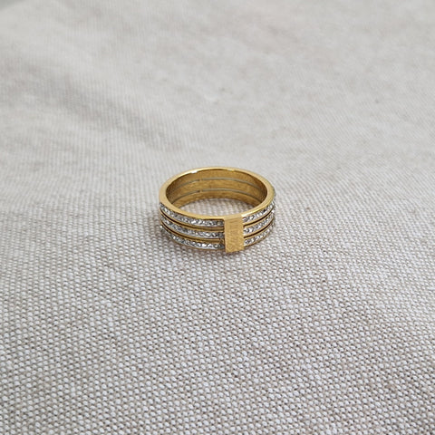 Bague en acier inoxydable triple lignes et strass