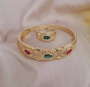 Ensemble Bracelet jonc et bague pierres rouge et verte