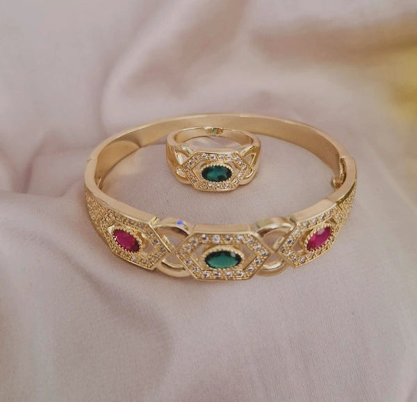 Ensemble Bracelet jonc et bague pierres rouge et verte