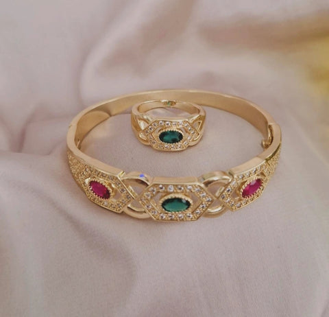 Ensemble Bracelet jonc et bague pierres rouge et verte