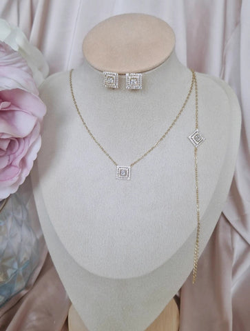 Ensemble Collier + bracelet fin + boucles d'oreilles assorties carrés strass