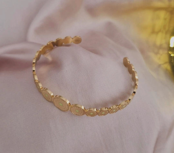Bracelet jonc en acier inoxydable motifs et pierre jaune
