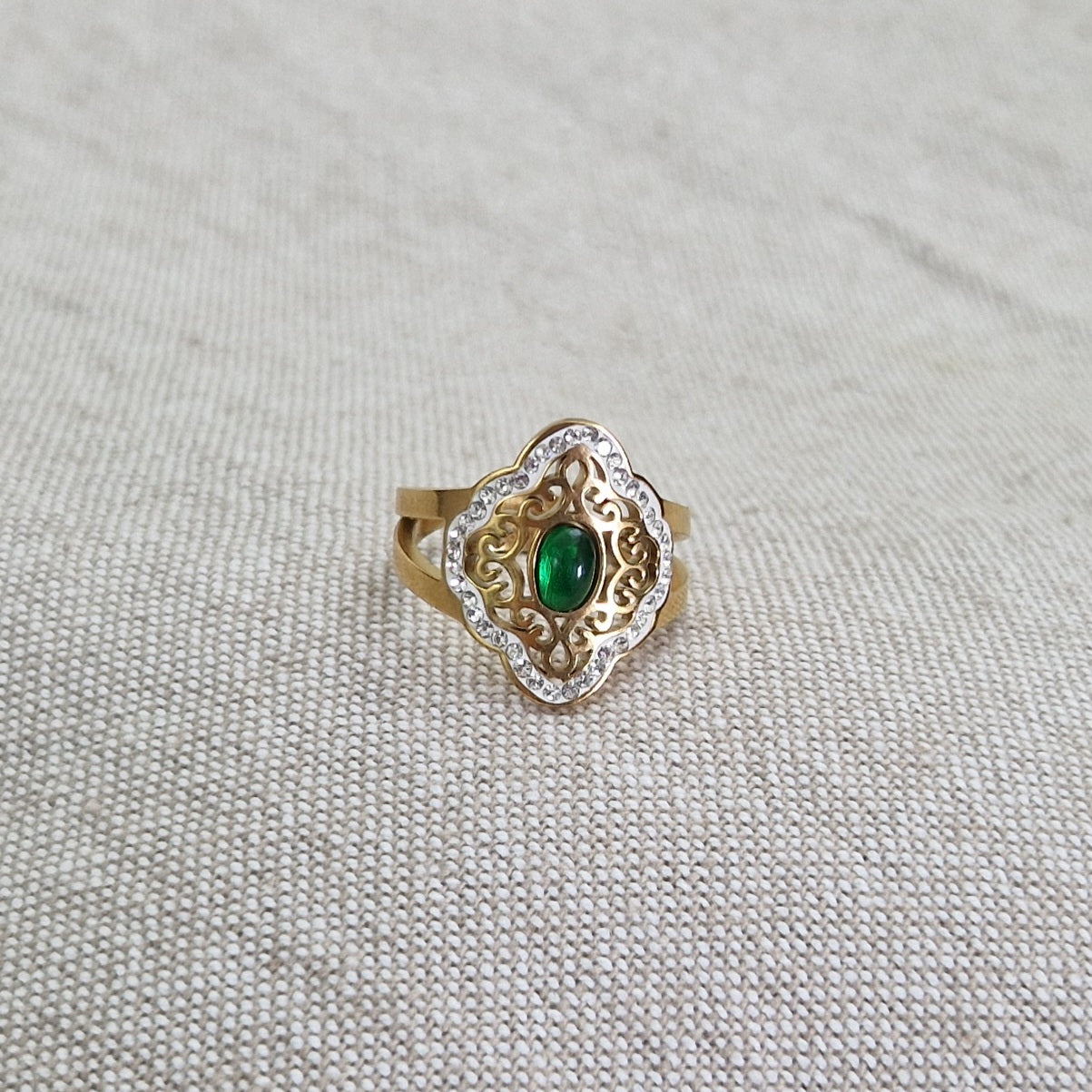 Bague ajustable en acier inoxydable style orientale pierre verte
