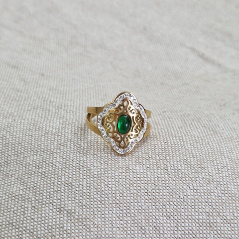 Bague ajustable en acier inoxydable style orientale pierre verte