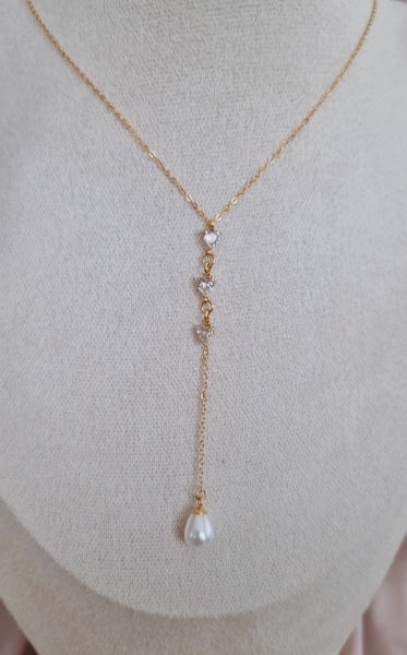 Collier en Y en acier inoxydable multi pierres coeur et pendant perles nacrée