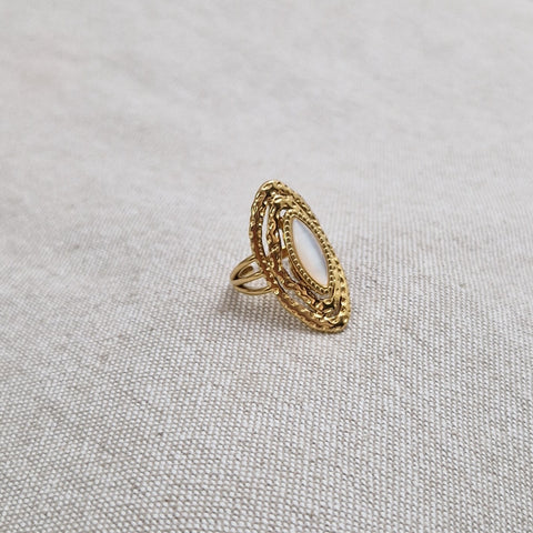 Bague ajustable en acier inoxydable bohème longue pierre blanche nacrée