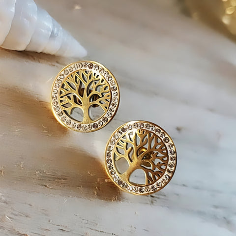 Boucles d'oreilles en acier inoxydable avec arbre de vie et strass